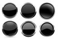 Glass black buttons collection. Round 3d icons with metal frame