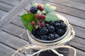 Glass of blackberries / wooden background