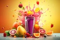 Glass blender bowl with purple smoothie, fruits, vegetables and berries. Created using generative AI