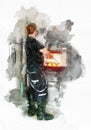 Glass Blower as Watercolor Sketch