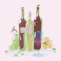 Glass blue glass with pink wine on a background of green bottle of wine glare grapes peaches composition colorful vector illustrat Royalty Free Stock Photo