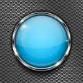 Glass blue button with chrome frame, on metal perforated texture. Round shiny 3d icon Royalty Free Stock Photo