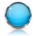 Glass blue button with chrome frame. Round 3d shiny icon with reflection Royalty Free Stock Photo