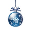glass blue Christmas ball with bow on white background. Generative AI Royalty Free Stock Photo