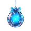 glass blue Christmas ball with bow on white background. Generative AI Royalty Free Stock Photo