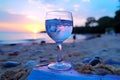 A glass of blue drink on the beach at Sunset