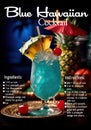 Glass of Blue Hawaii cocktail with a recipe description. AI-generated.