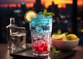 Glass with blue and red alcohol cocktail with orange slice and mint leaf on restaurant table.Macro.AI Generative