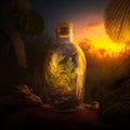 a glass bottle against a sunset in the forest, generated AI Royalty Free Stock Photo
