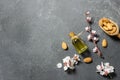 Glass bottle of Almond oil and almond nuts , almonds with almond tree flowers on table Royalty Free Stock Photo