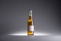Glass bottle with beer and blank label on dark grey background. Royalty Free Stock Photo