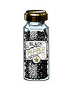 Glass bottle of Black pepper in Vintage style. Dried seeds, a bunch of spices. Allspice or peppercorn. Herbal seasoning