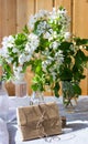 Glass bottle with blossoming branches of cherry Royalty Free Stock Photo