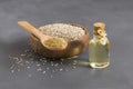 Glass bottle of Caraway seeds essential oil with caraway powder Royalty Free Stock Photo