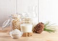 Glass and bottle with cedar milk, flour in bowl and nuts in glass jar on wooden table. Milk replacer Royalty Free Stock Photo