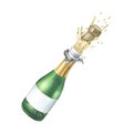 A glass bottle with champagne flying out with a cork, splashes and bubbles. Watercolor illustration, hand drawn Royalty Free Stock Photo