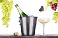 Glass and bottle of champagne in ice bucket Royalty Free Stock Photo