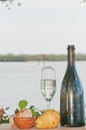 Glass, bottle of champaign with pear and bread