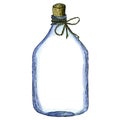 Glass bottle with cork and rope, isolate. Watercolor illustration.