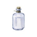 A glass bottle with a cork and a rope. An isolated object from a large set of Lavender SPA. Watercolor illustration. For