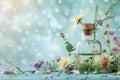 Glass bottle with cork stopper, clear liquid, chamomile, leaves on blue wooden background