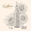 Glass bottle with dispenser vintage engraving isolated on white background. Great for menu, banner, label, logo, flyer. Sunflower Royalty Free Stock Photo