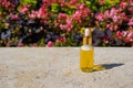 Glass bottle with dropper pipette with serum or essential oil on concrete background near pink flowers. Skin care cosmetic. Beauty Royalty Free Stock Photo