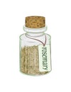 Glass bottle with dry rosemary leaves and a label with the name of the spice Royalty Free Stock Photo