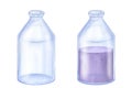Glass bottle empty and full lilac lavender oil. Cosmetic, aromatherapy. Hand draw watercolor illustration isolated on