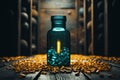 glass bottle with empty pill capsules in the background, in the style of dark teal and gold. AI Generated