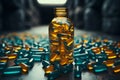 glass bottle with empty pill capsules in the background, in the style of dark teal and gold. AI Generated