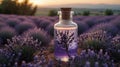 Lavender Essence in a Glass Bottle on a Field at Sunrise for Aromatherapy and Relaxation Royalty Free Stock Photo