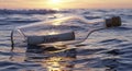 Glass Bottle Floating on Ocean Waves at Sunset Royalty Free Stock Photo