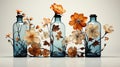 A glass bottle with flowers and leaves. Generative AI. Royalty Free Stock Photo