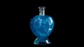 Glass bottle in the form of a heart with blue liquid. The elixir is spinning and overflowing with liquid. Potion of love Royalty Free Stock Photo
