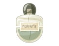 Glass elegant bottle of fragrant perfume. Vector isolated cartoon green eau de parfum.