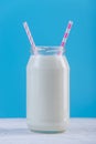 Glass bottle of fresh milk with two straws on blue background. Colorful minimalism. Healthy dairy products Royalty Free Stock Photo