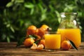 Glass and bottle of fresh tangerine juice and fruits on table. Space for text Royalty Free Stock Photo