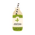 Glass bottle full of cold green matcha drink. Refreshing Japanese iced tea or coffee with straw. Traditional natural