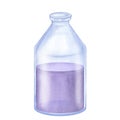 Glass bottle full lilac lavender oil. Cosmetic, aromatherapy. Hand draw watercolor illustration isolated on white