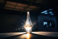 A glass bottle with a whole galaxy glowing inside of it. AI generative image.