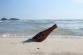 Glass bottle garbage with clams on the beach background