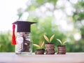 Glass bottle with graduation hat. Plants growing up on stack of coins. The concept of saving money for education, student loan, Royalty Free Stock Photo