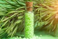 glass bottle with green granules and a pine branch. homeopathic remedies Royalty Free Stock Photo