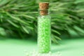 glass bottle with green granules and a pine branch. homeopathic remedies Royalty Free Stock Photo