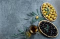 Glass bottle of homemade olive oil and olive tree branch, raw turkish green and black olive seeds and leaves on grey rustic table