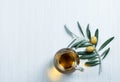 Glass bottle of homemade olive oil and olive tree branch, raw turkish green and black olive seeds and leaves on white table