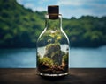 glass bottle with an island inside of a beautiful small island on a rock.