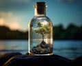 glass bottle with an island inside of a beautiful small island on a rock.