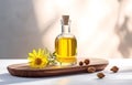 Glass bottle with jojoba oil and seeds on white wooden table soft light